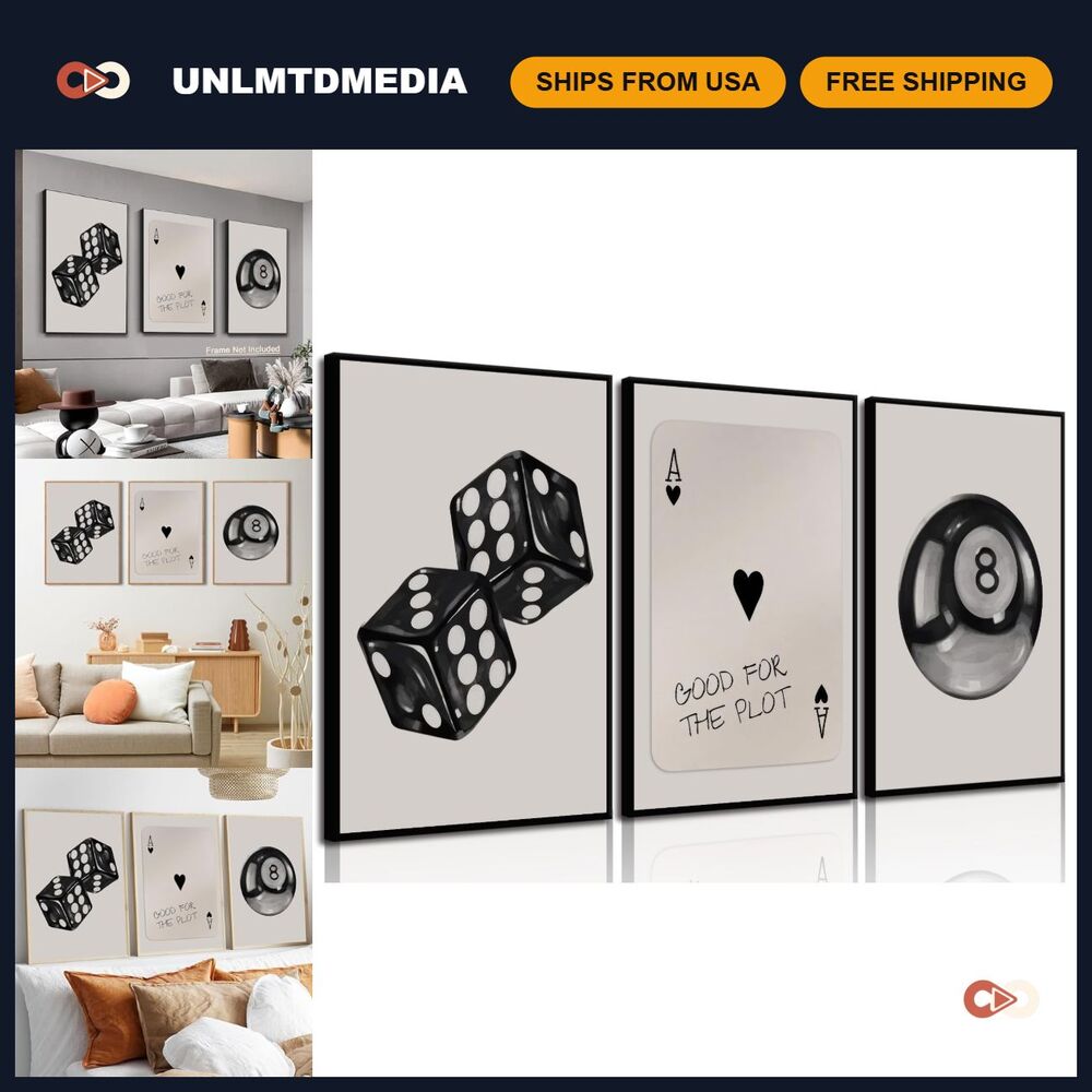 3Pcs Black & White Poker Dice Wall Art - Retro Y2K Canvas Prints for Game Room D